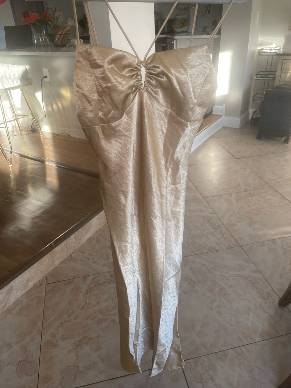 Strapless Champagne Satin Slip Dress with Ruched Bust